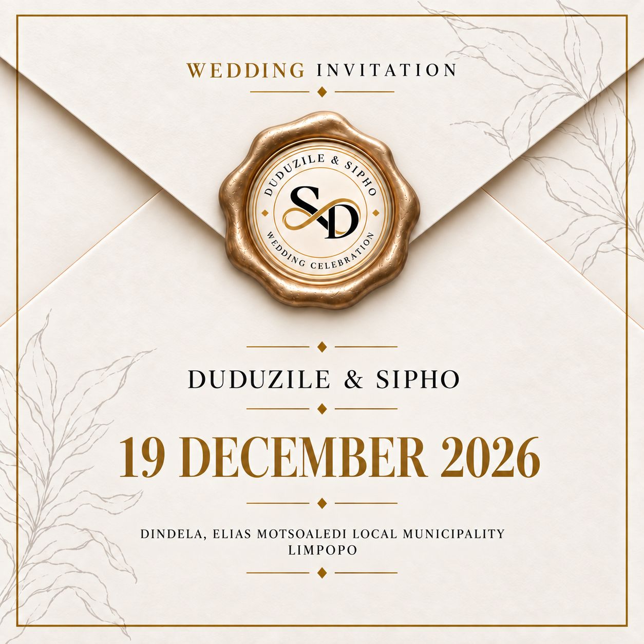 Wedding invitation. Duduzile and Sipho, 19 and 20 December 2026, Dindela, Elias Motsoaledi Local Municipality, Limpopo.
